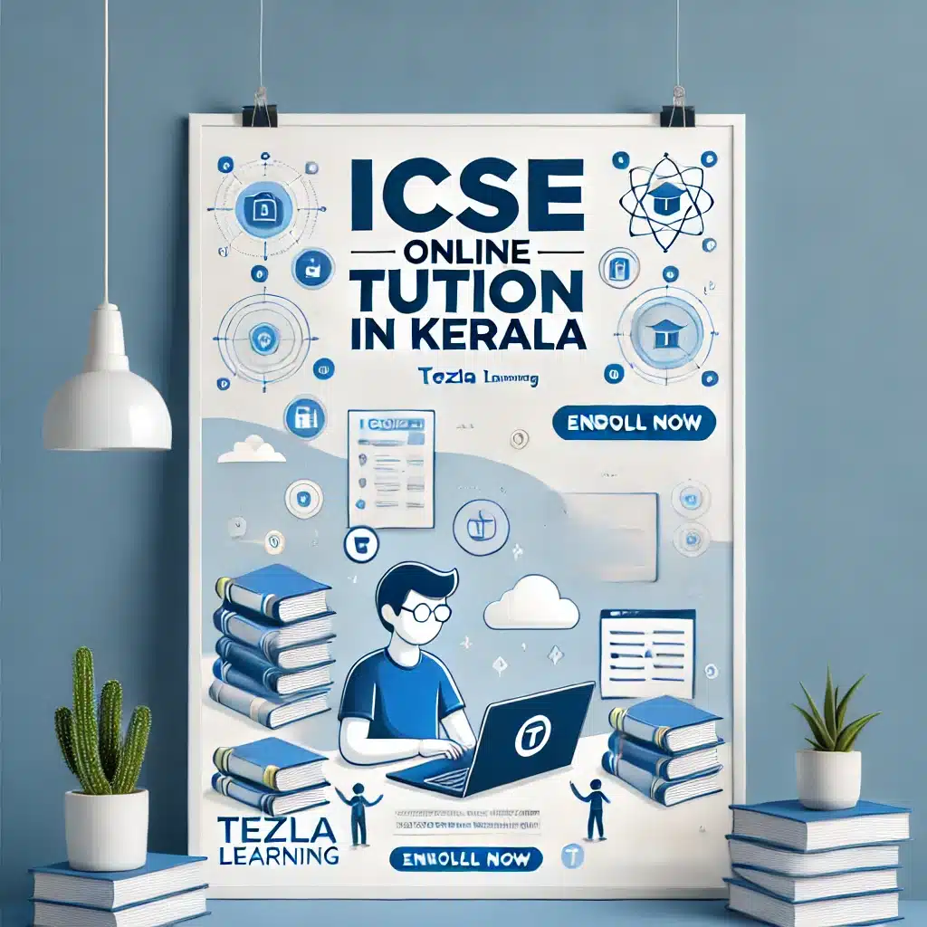A simple and modern poster for ICSE online tuition in Kerala, featuring a student studying with a laptop, surrounded by books and educational icons.