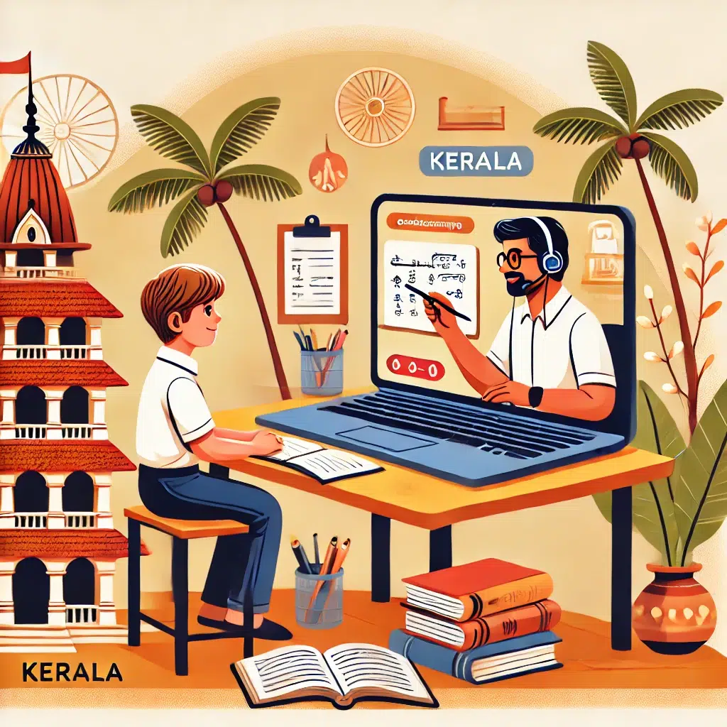 A student attending an online tuition session in Kerala with a tutor on a laptop screen, featuring a digital whiteboard and a Kerala-themed background.