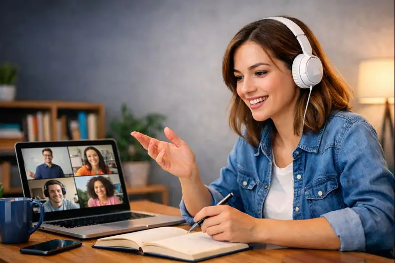 Student attending a virtual classroom online