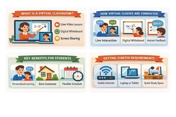 Infographic explaining how virtual classrooms work, benefits, and requirements